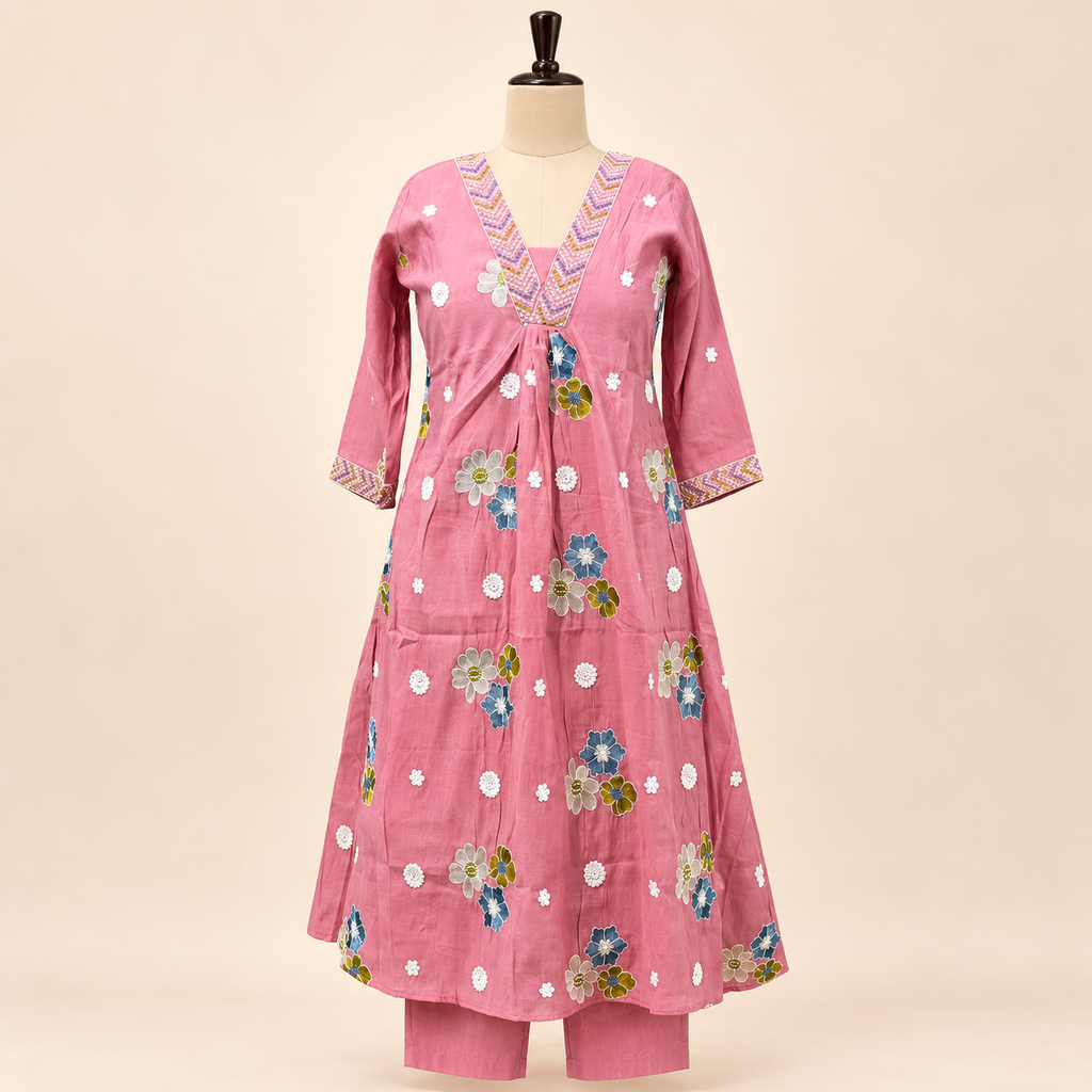 Multicolour Floral Embroidered Cotton Kurta Set