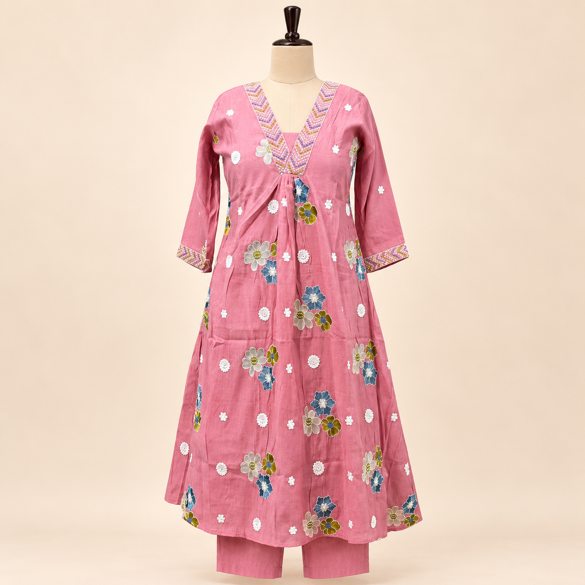 Multicolour Floral Embroidered Cotton Kurta Set