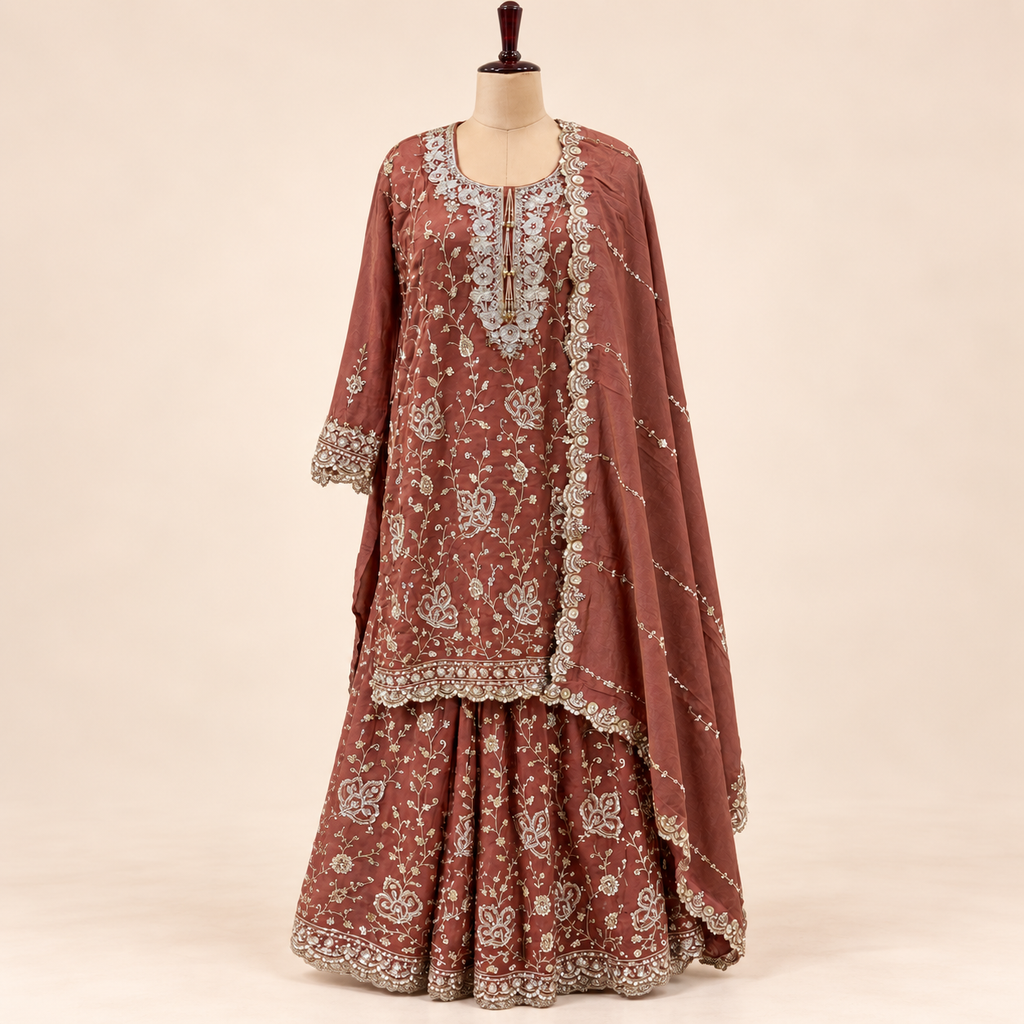 Rust Shimmer Floral Embellished  Salwar Suit with Dupatta