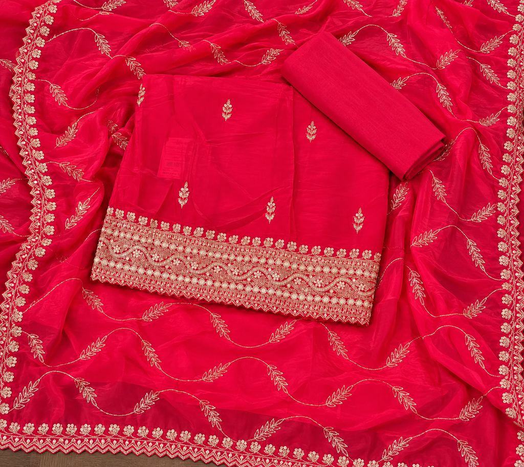 Multicolour Crepe Gold Embroidered Unstitched Dress Material Set