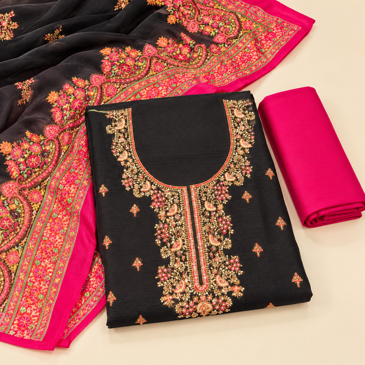 Black Pashmina Silk Multi colour Floral Embroidered Unstitched Dress Material Set