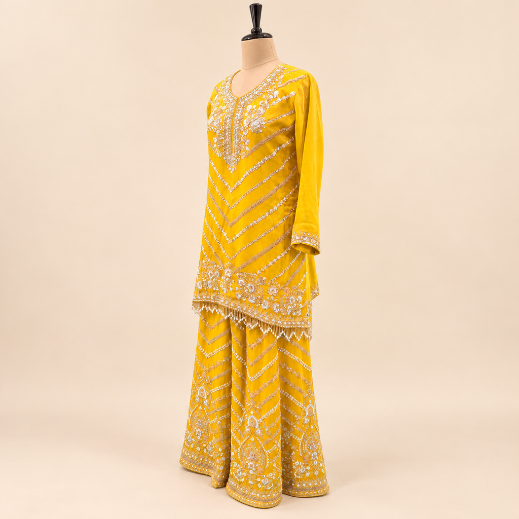 Shimmer Yellow Embroidered Chiffon Sharara Salwar Set with Dupatta
