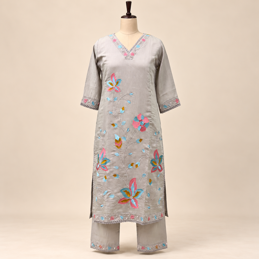 Grey Multicolour Floral Embroidered Cotton Straight Cut Salwar Suit Set with Dupatta