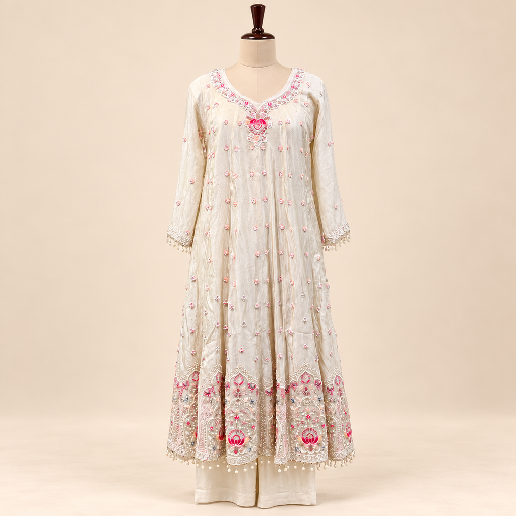 Elegant Cream Shimmer Embroidered Anarkali Set