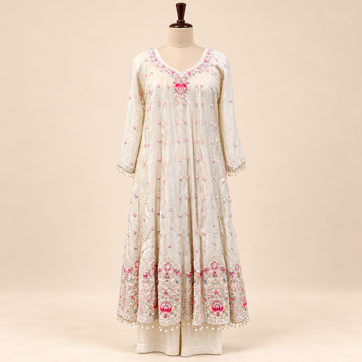 Elegant Cream Shimmer Embroidered Anarkali Set