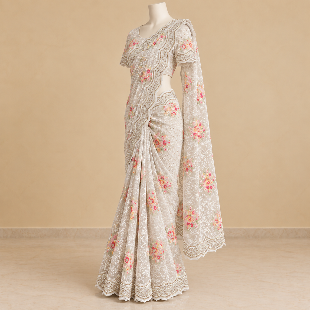 Light Green Netted Saree with Multicolour Floral Embroidery and Scalloped Border