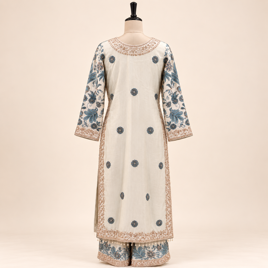 Cream &amp; Green Embellished Georgette Salwar