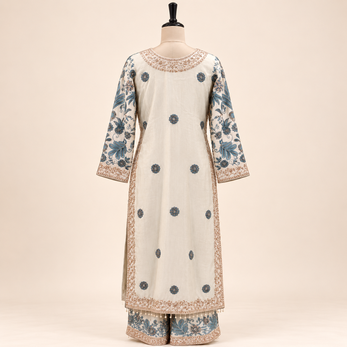 Cream &amp; Green Embellished Georgette Salwar