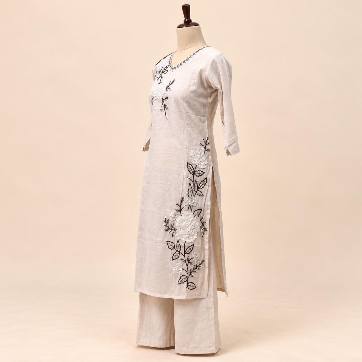 Multi-Tone Cream Cotton Floral Embroidered Straight Cut Salwar Suit with Dupatta