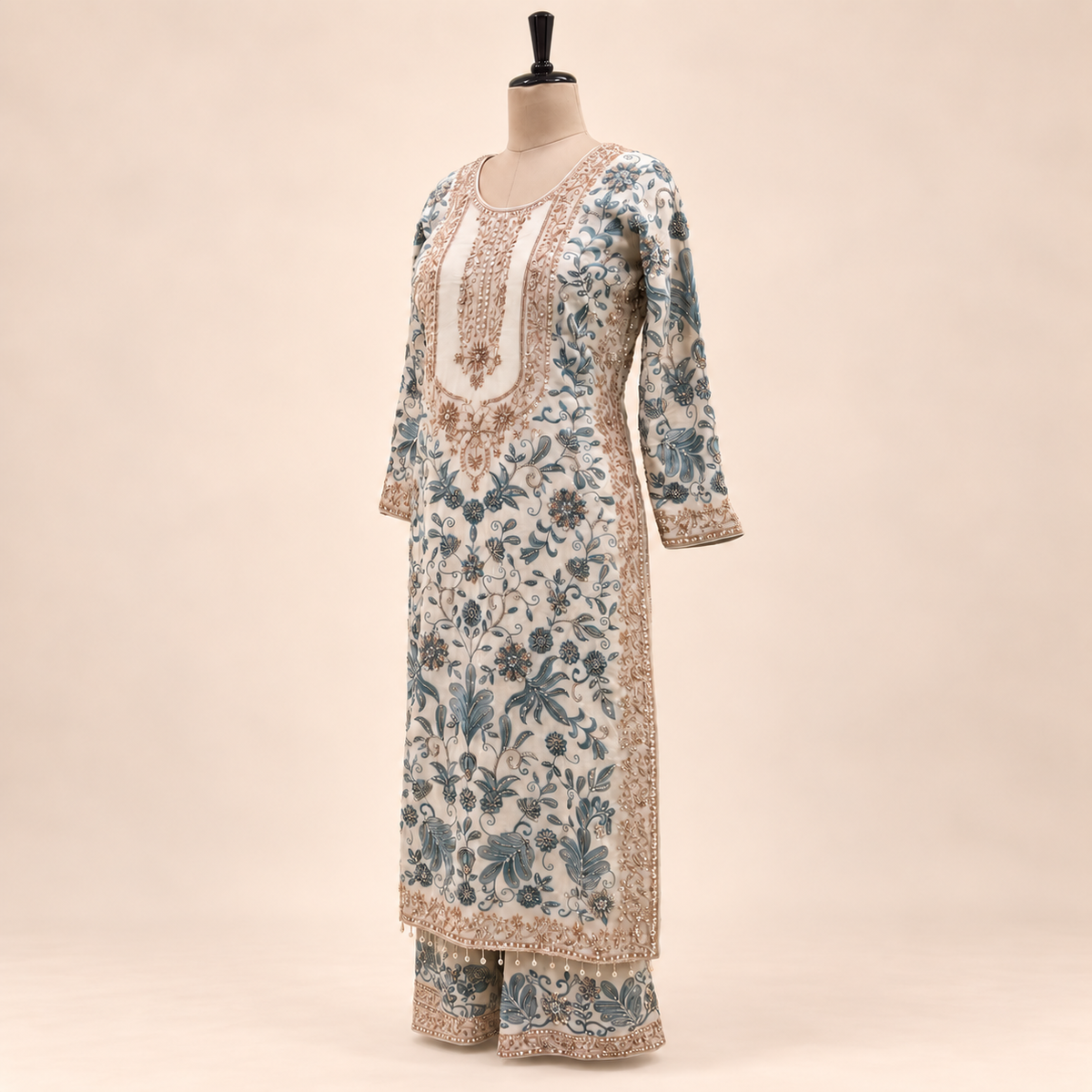 Cream &amp; Green Embellished Georgette Salwar