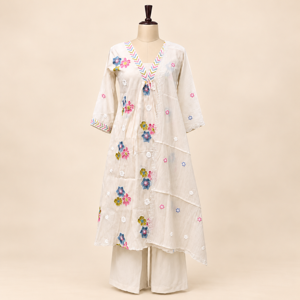 Multi-Colour Cotton Floral Embroidered Layered Kurta Set