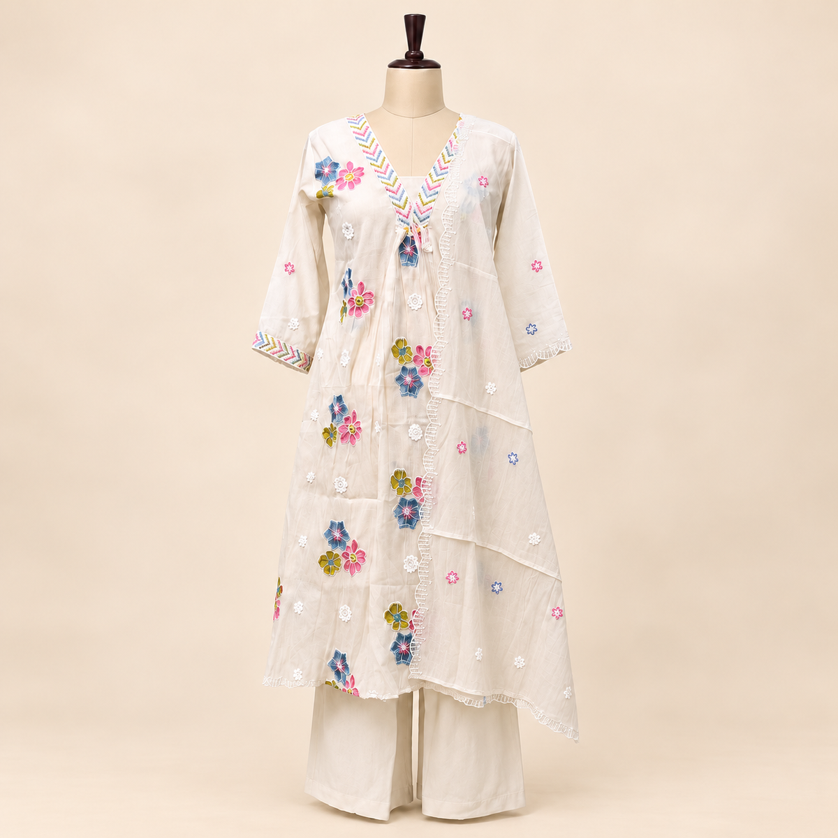 Multi-Colour Cotton Floral Embroidered Layered Kurta Set