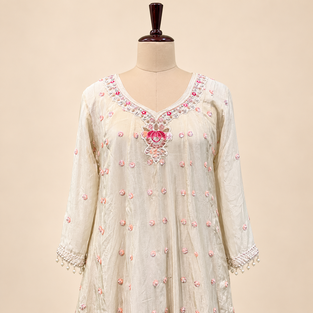 Elegant Cream Shimmer Embroidered Anarkali Set