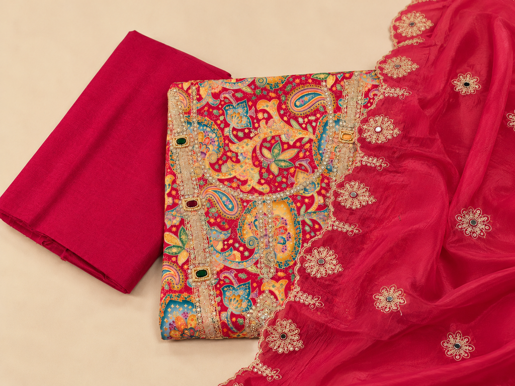 Royal Rani Pink Silk Dress Material with Multicolour Paisley Embroidery