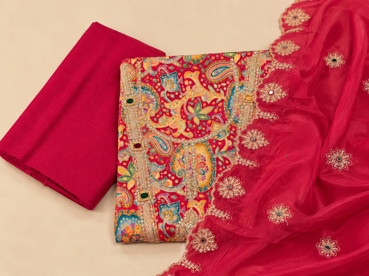 Royal Rani Pink Silk Dress Material with Multicolour Paisley Embroidery