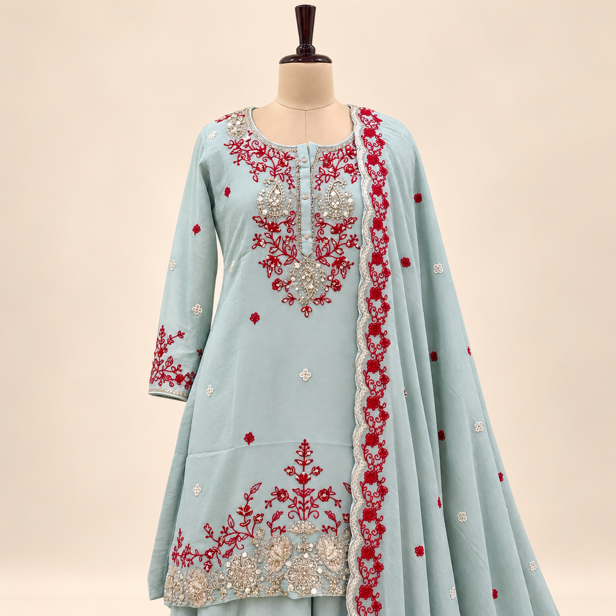 Light Green Contrast Embellished Salwar Suit with Dupatta