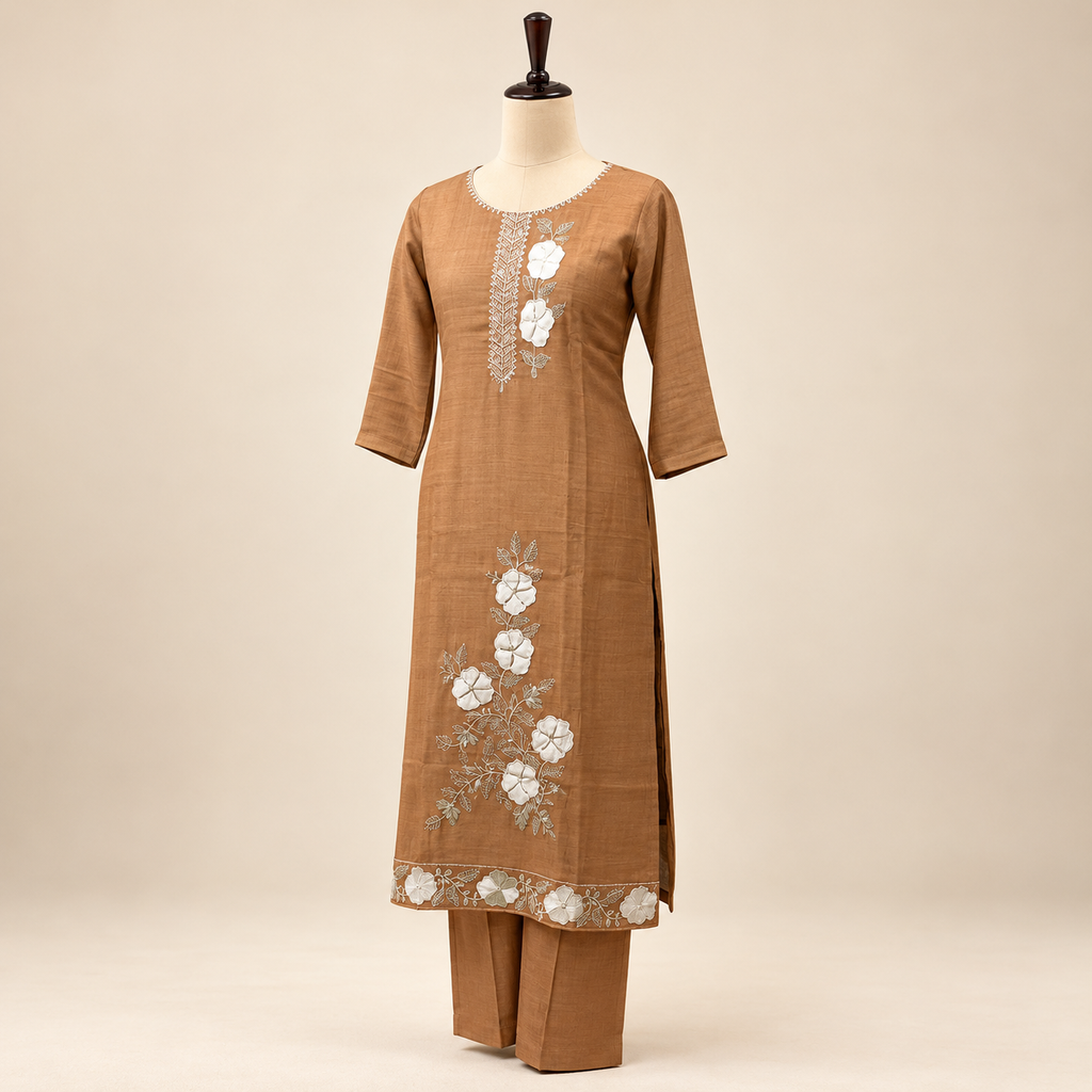 Multi-Tone Brown Cotton Floral Embroidered Salwar Suit with Dupatta