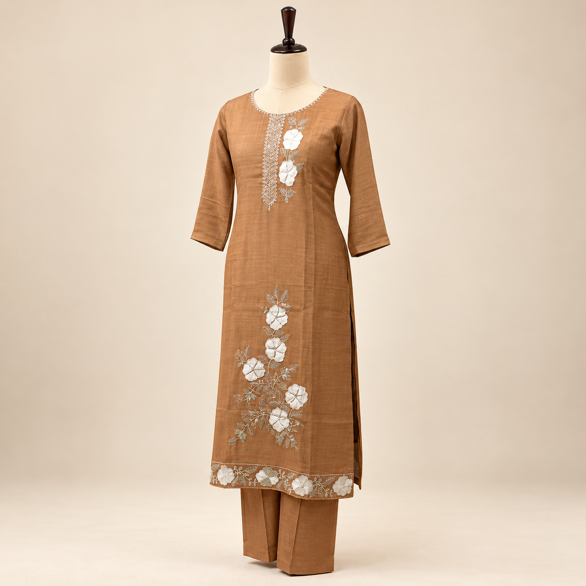 Multi-Tone Brown Cotton Floral Embroidered Salwar Suit with Dupatta