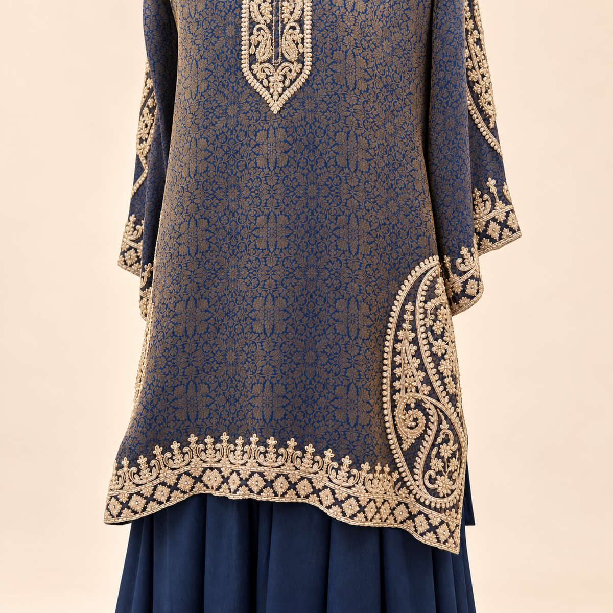 Royal Blue Gold Embellished Salwar Suit with Flared Bottom &amp; Dupatta