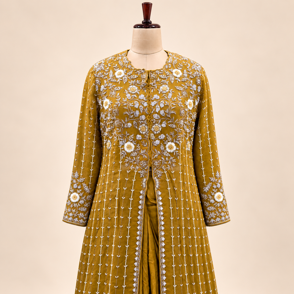 Mustard Floral Embellished Front-Open Salwar Suit