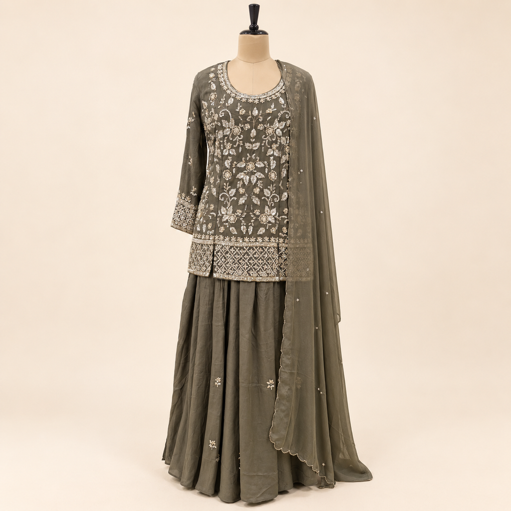 Mehndi  Green Floral Embellished Salwar Suit with Flared Bottom &amp; Dupatta