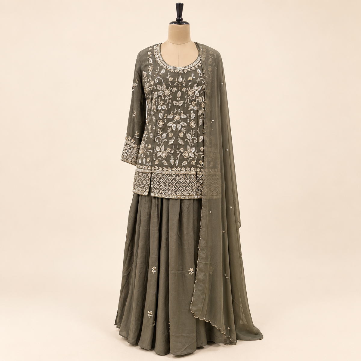 Mehndi  Green Floral Embellished Salwar Suit with Flared Bottom &amp; Dupatta