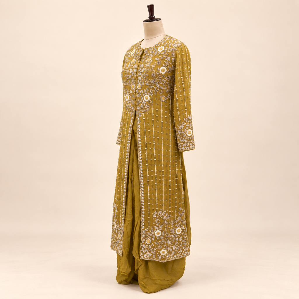 Mustard Floral Embellished Front-Open Salwar Suit