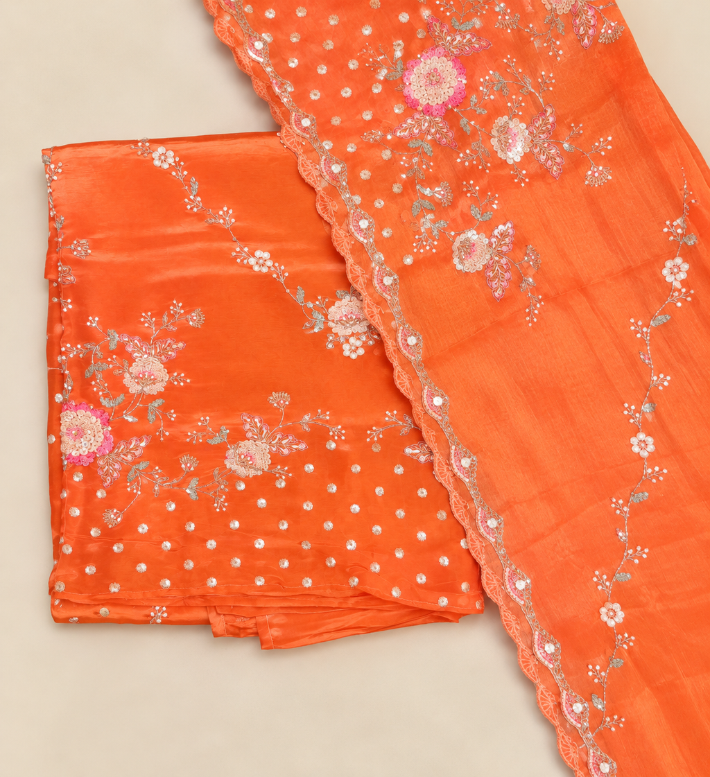 Elegant Peach Shimmer Dress Material with Delicate Floral Embroidery