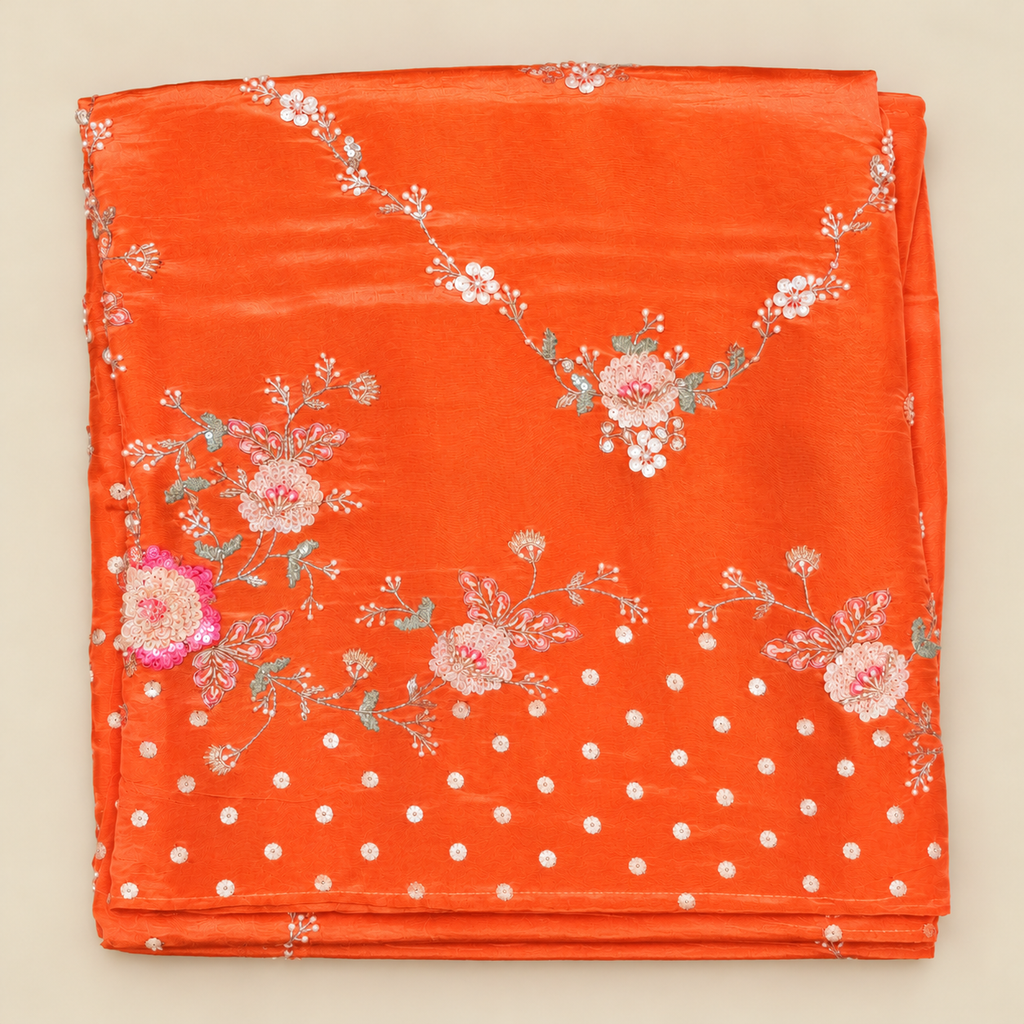 Elegant Peach Shimmer Dress Material with Delicate Floral Embroidery