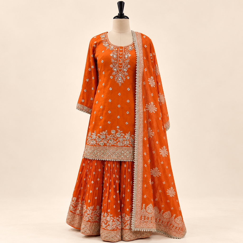 Orange Embellished Banarasi Salwar Set with Dupatta
