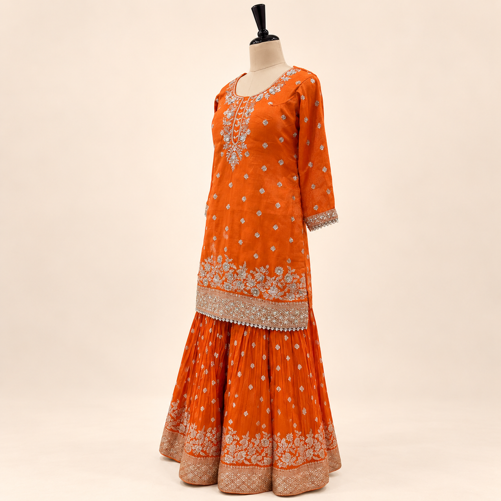 Orange Embellished Banarasi Salwar Set with Dupatta