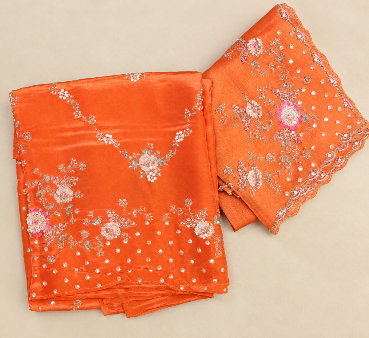Elegant Peach Shimmer Dress Material with Delicate Floral Embroidery