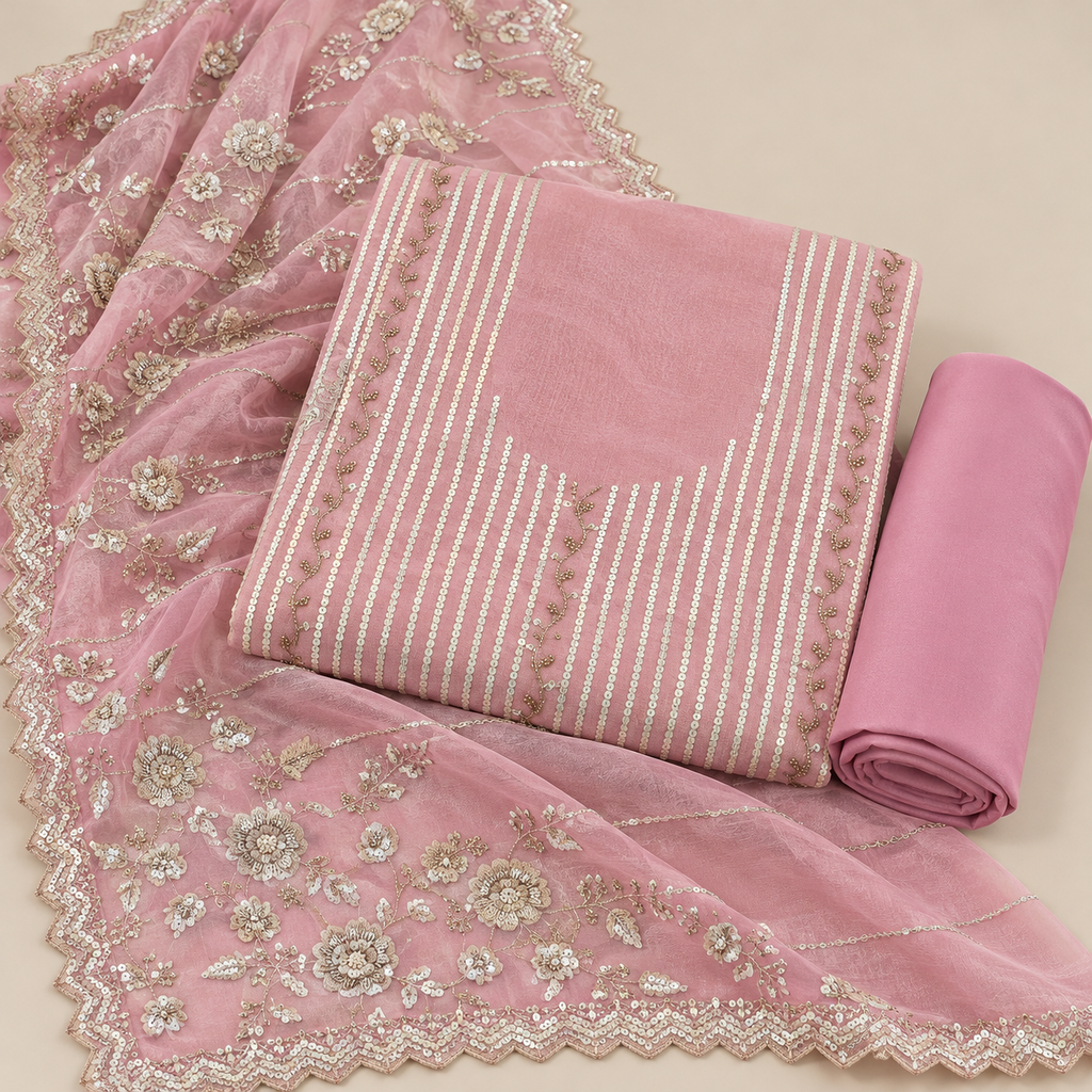 Elegant Pink Shimmer Silk Dress Material with Sequin Embroidery and Floral Dupatta