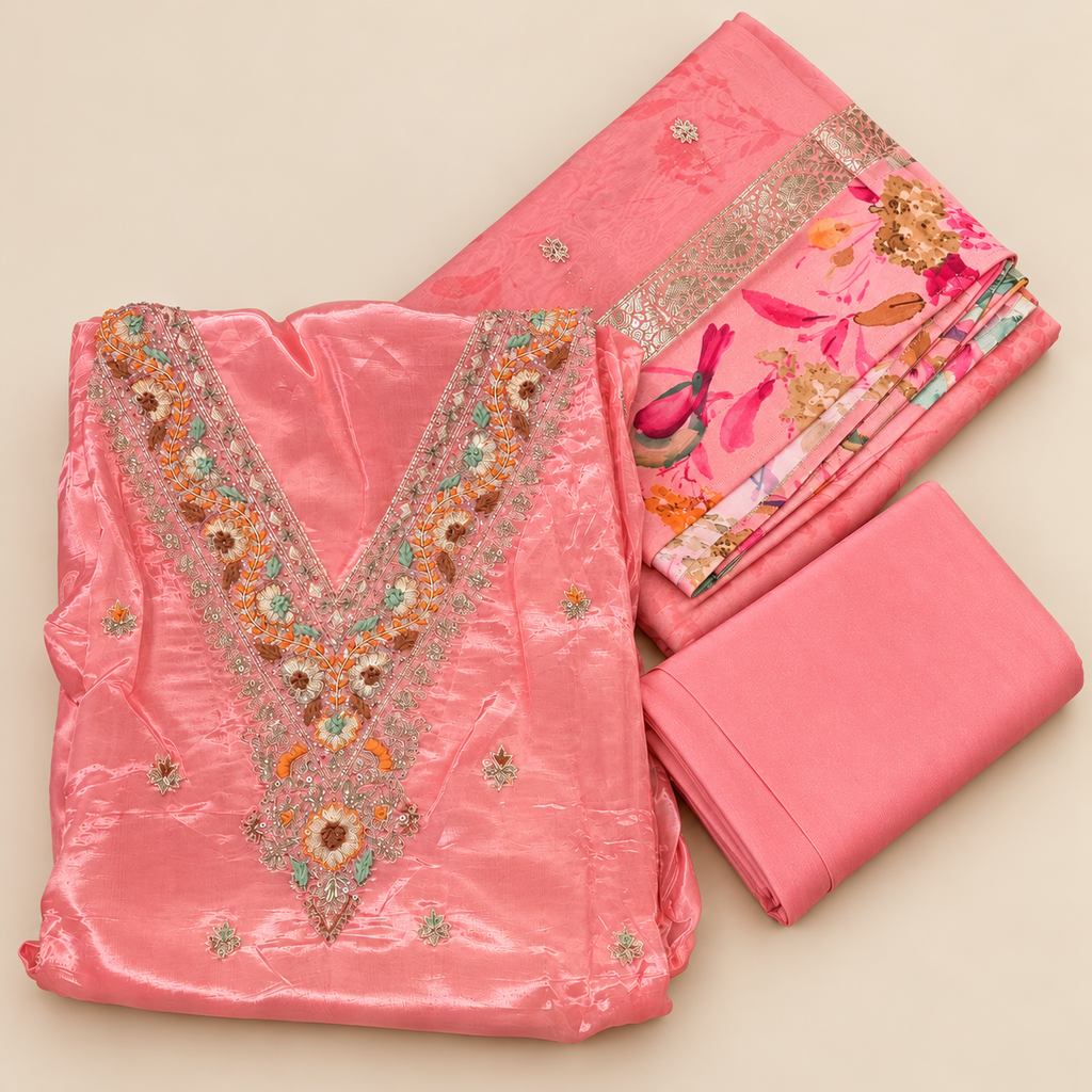 Pink Crepe Multicolour Floral Embroidered Unstitched Dress Material Set
