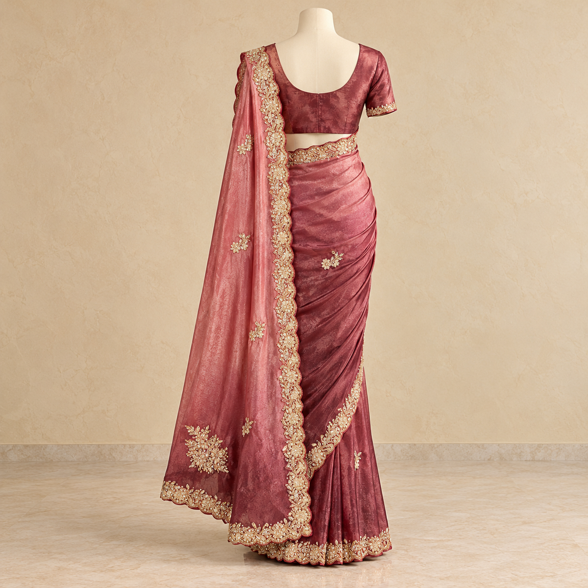Onion Pink Fendy Saree with Gold Floral Embroidery and Scalloped Border