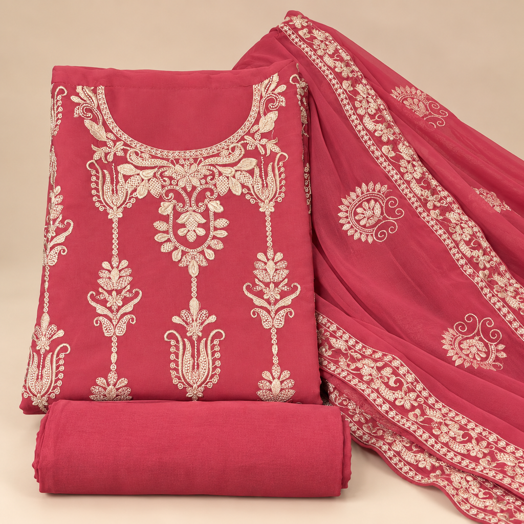 Rose Pink Georgette Embroidered Dress Material with Floral Dupatta