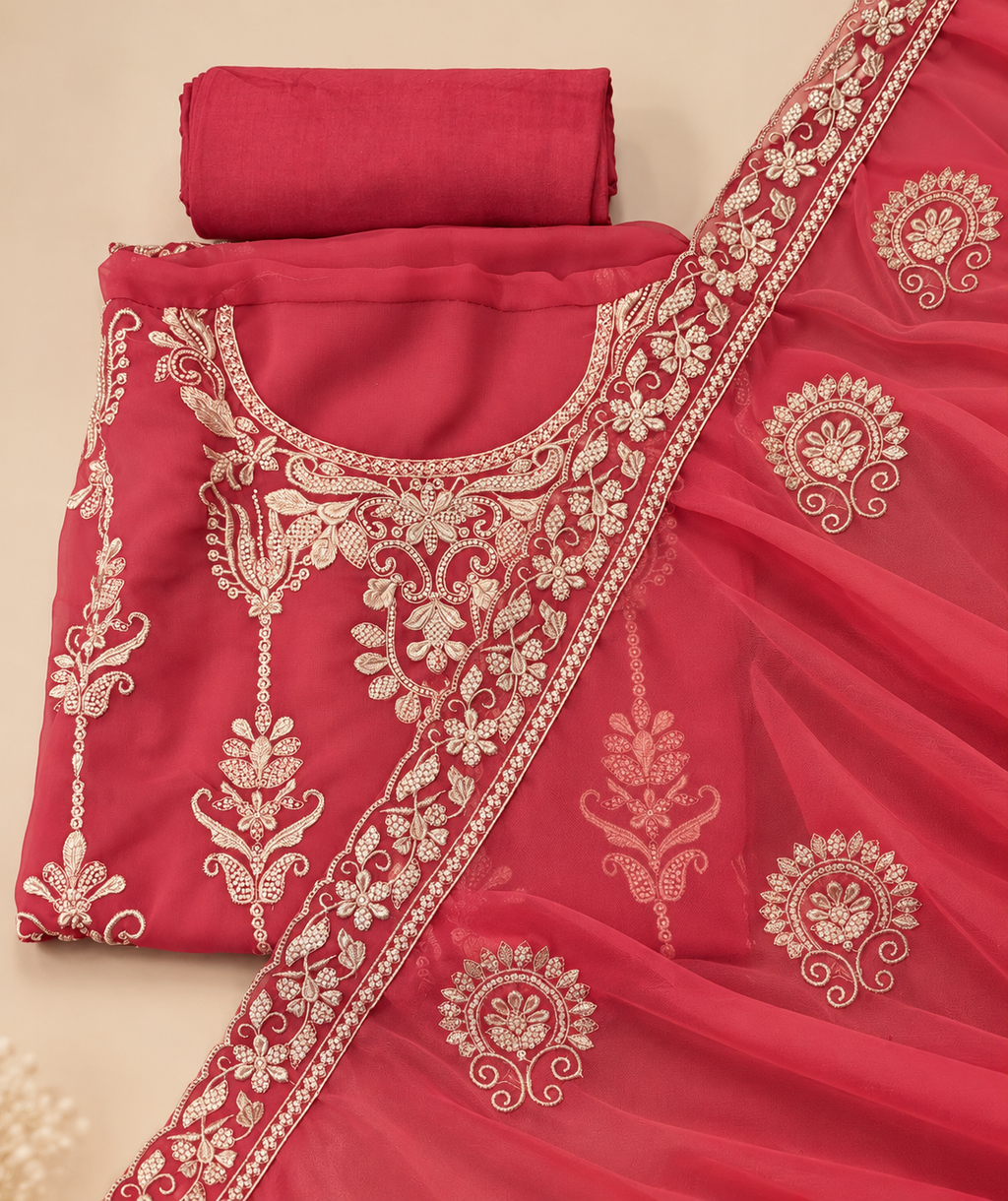 Rose Pink Georgette Embroidered Dress Material with Floral Dupatta
