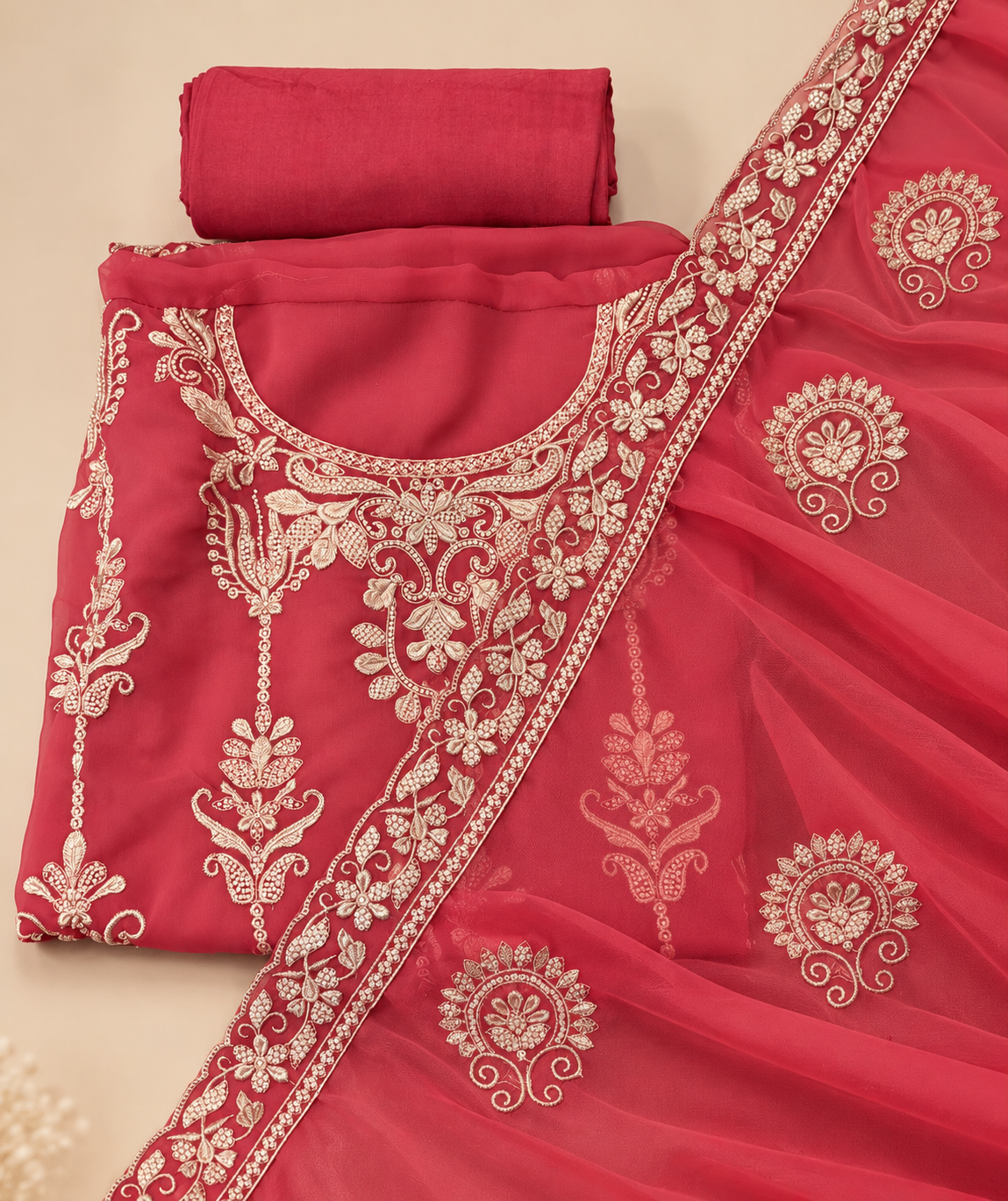 Rose Pink Georgette Embroidered Dress Material with Floral Dupatta