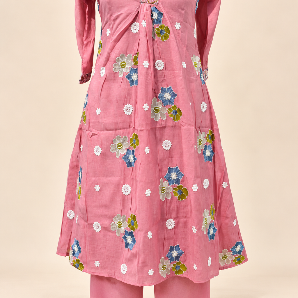 Multicolour Floral Embroidered Cotton Kurta Set