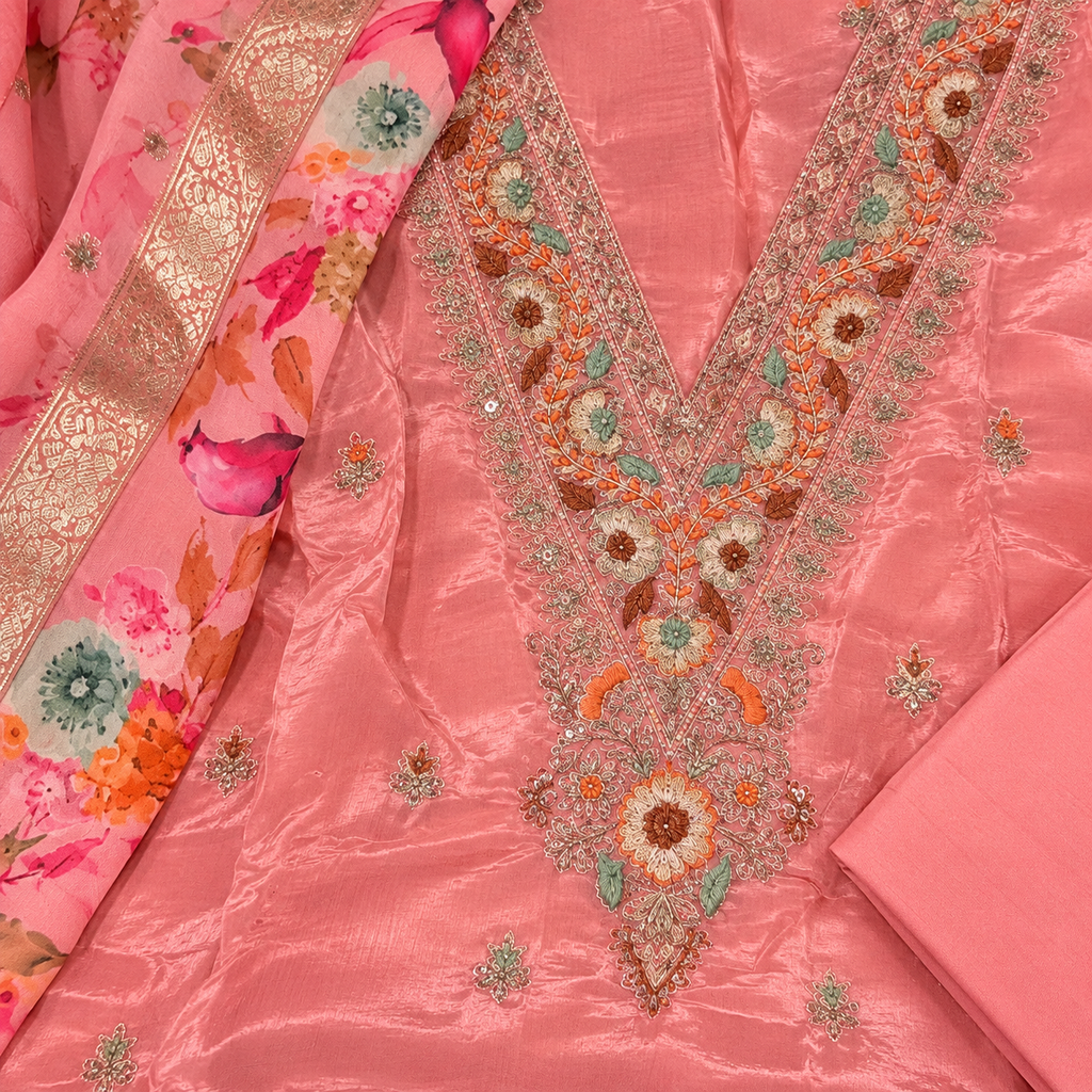Pink Crepe Multicolour Floral Embroidered Unstitched Dress Material Set