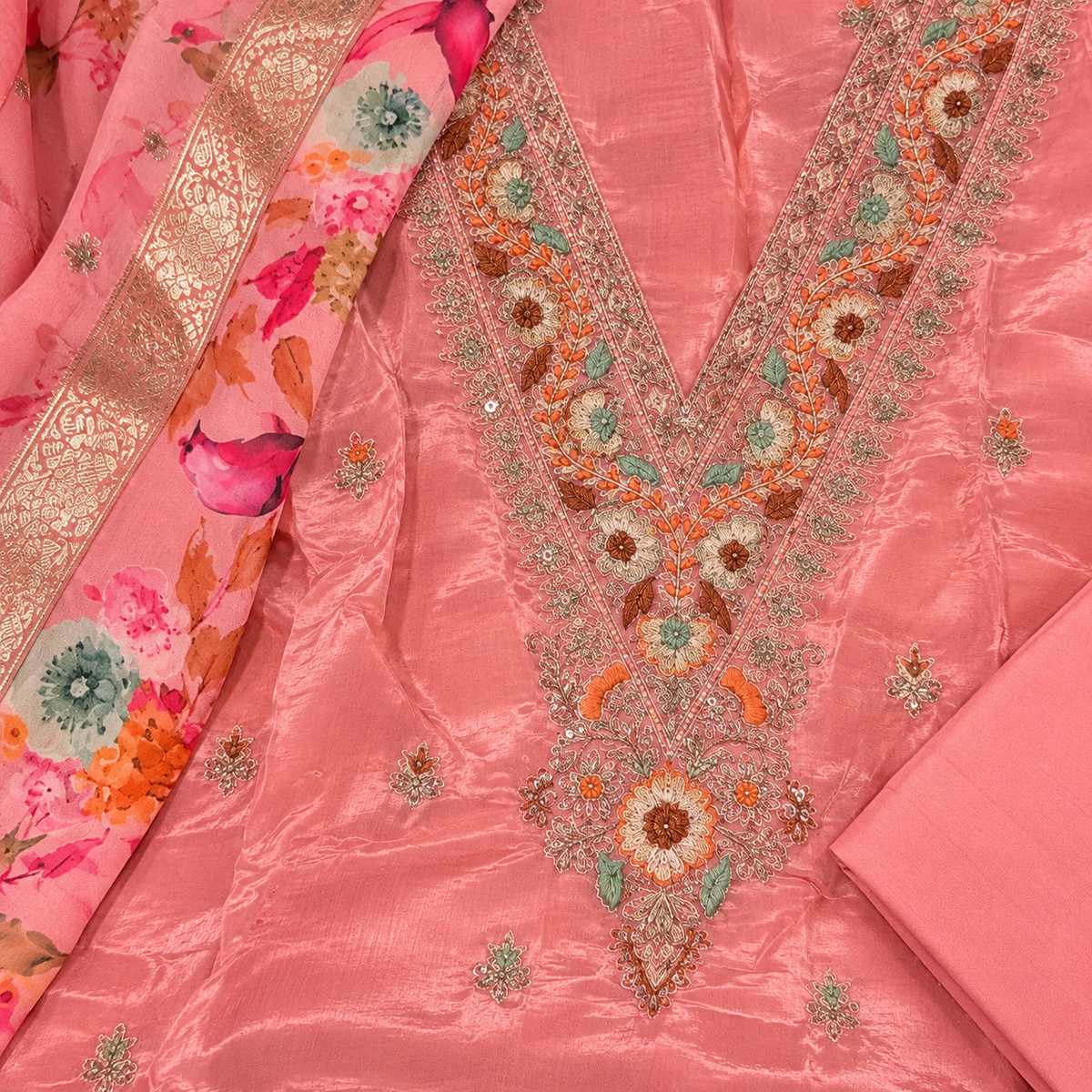 Pink Crepe Multicolour Floral Embroidered Unstitched Dress Material Set