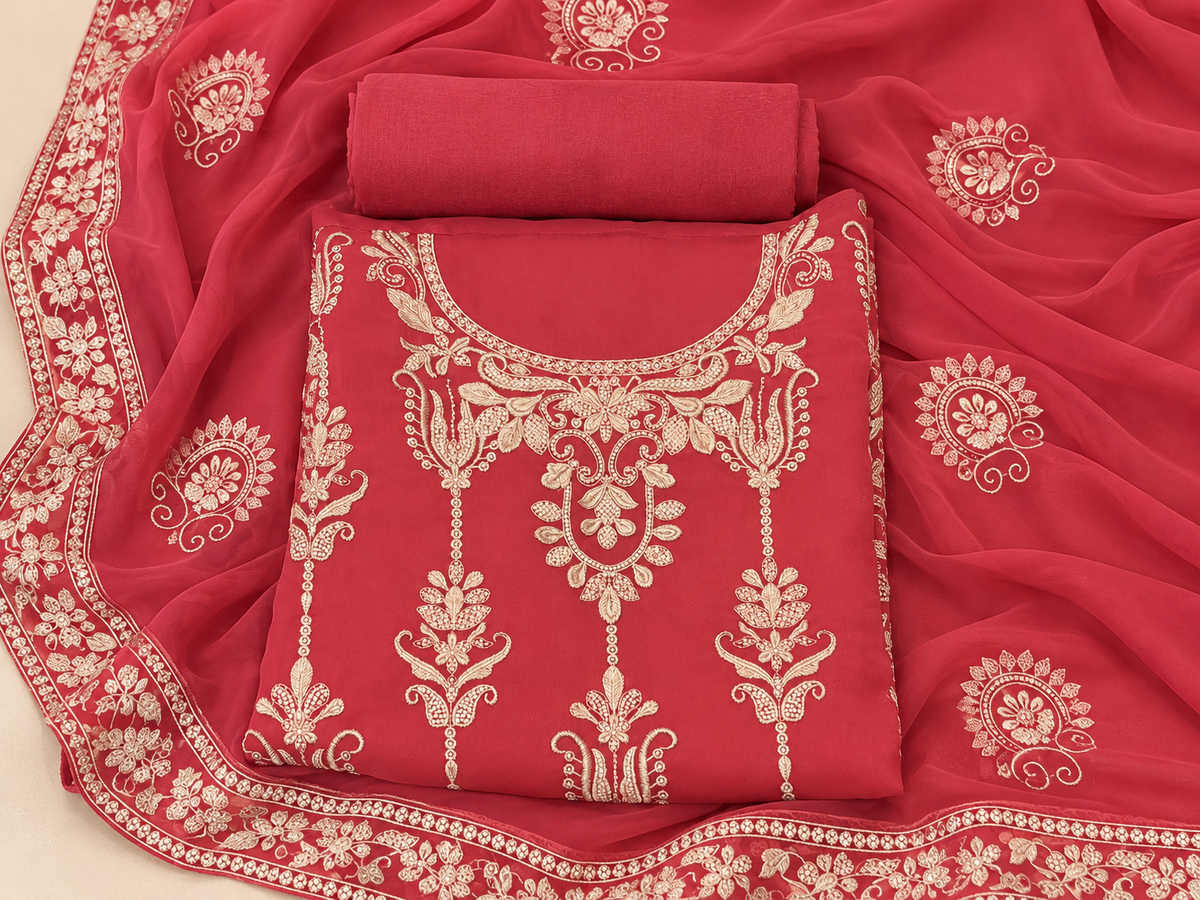 Rose Pink Georgette Embroidered Dress Material with Floral Dupatta