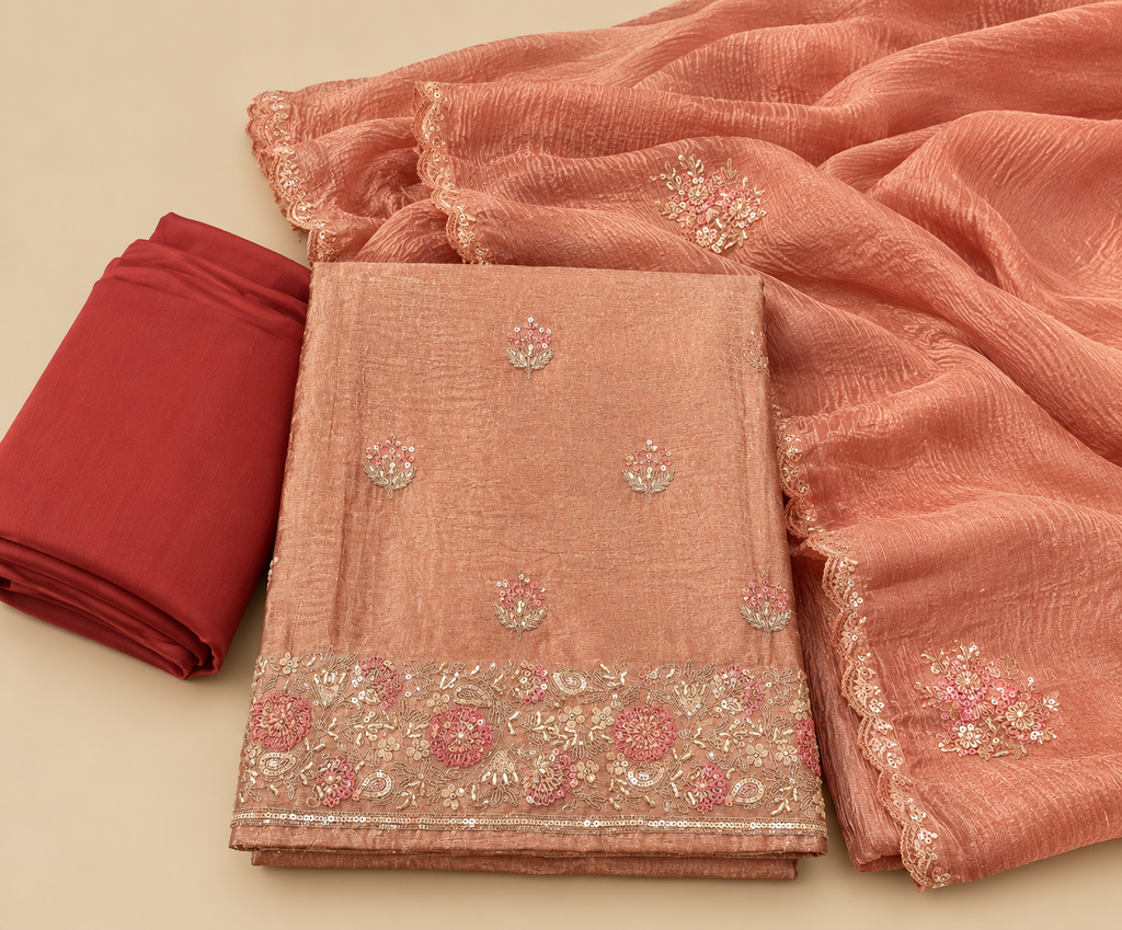 Brown Soft Silk Floral Embroidered Unstitched Dress Material Set