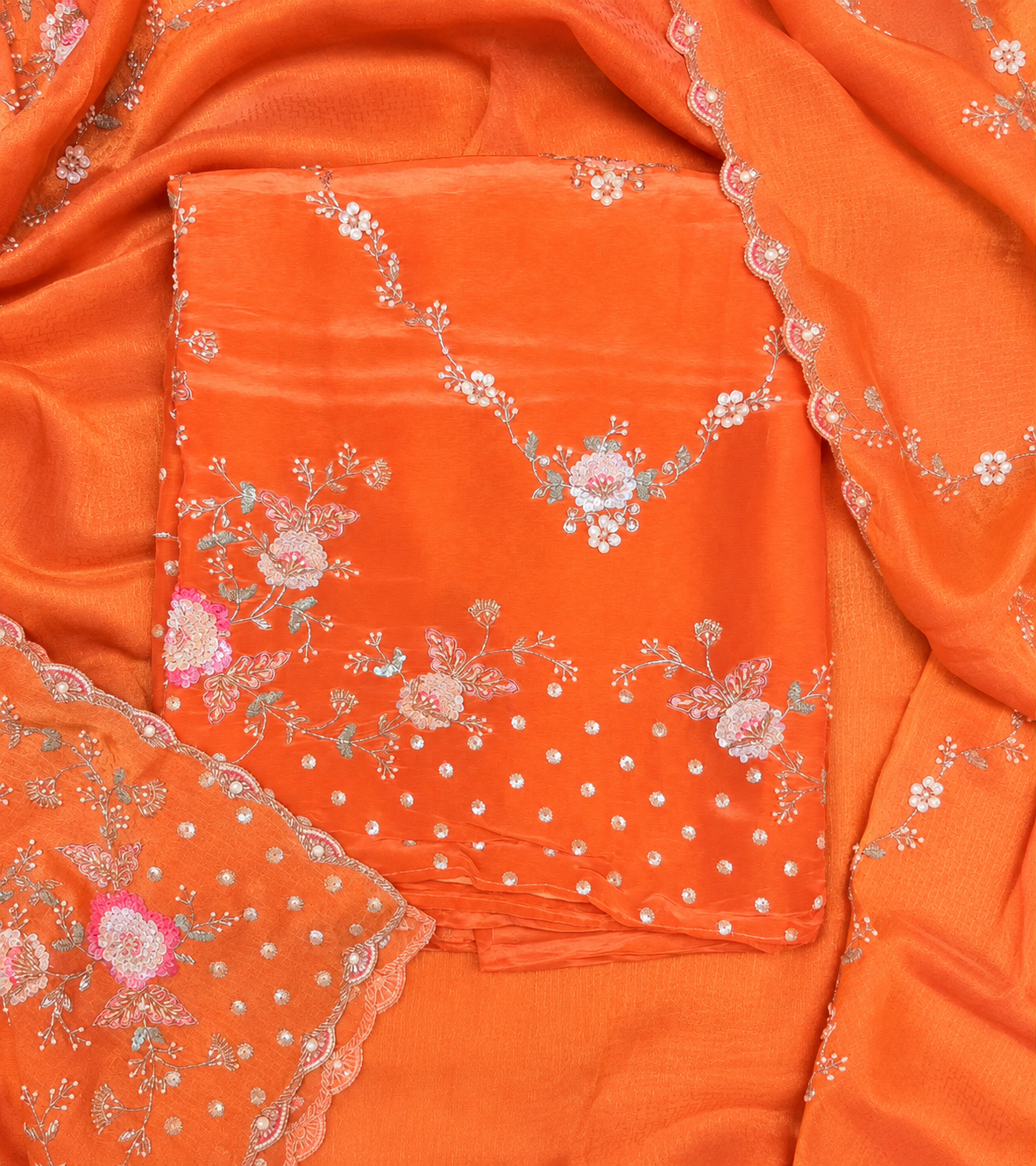 Elegant Peach Shimmer Dress Material with Delicate Floral Embroidery