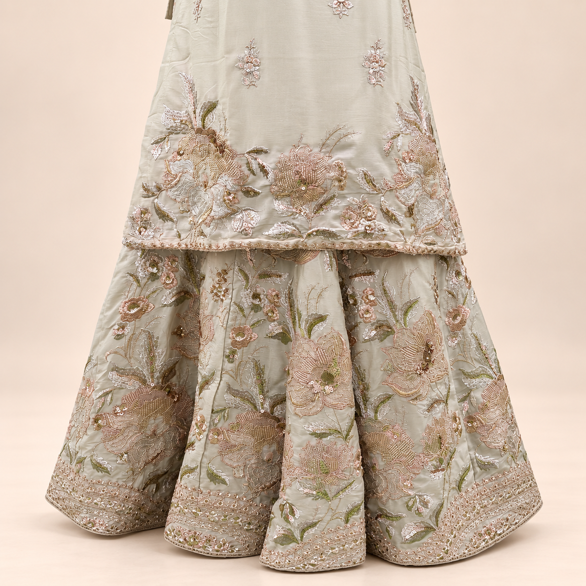 Beige Floral Embroidered Sharara Salwar Suit