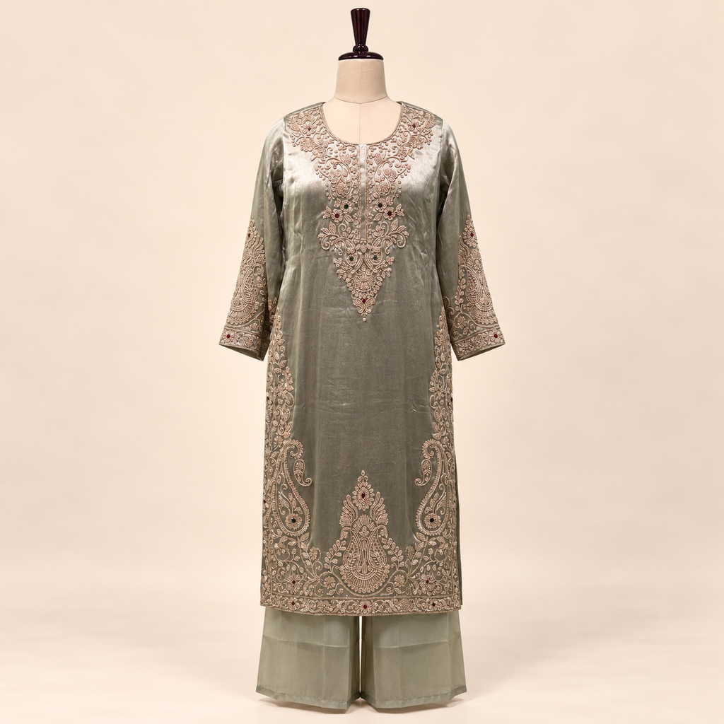 Golden Raw Silk Paisley Embroidered Straight Cut Salwar Suit with Dupatta