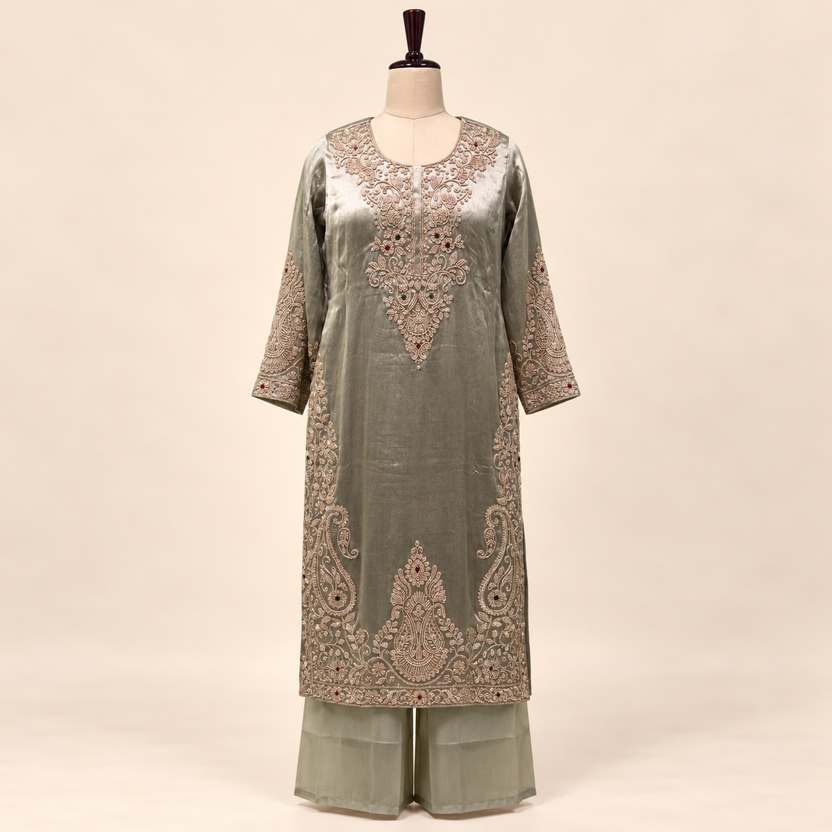 Golden Raw Silk Paisley Embroidered Straight Cut Salwar Suit with Dupatta
