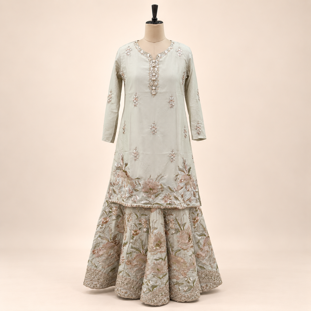 Beige Floral Embroidered Sharara Salwar Suit