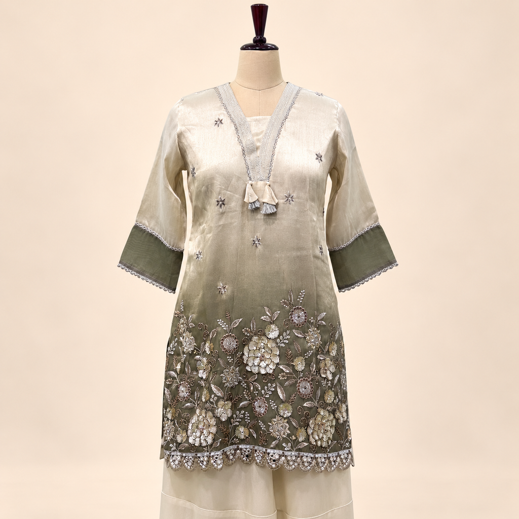 Green Silk Floral Embroidered Sharara Set with Dupatta