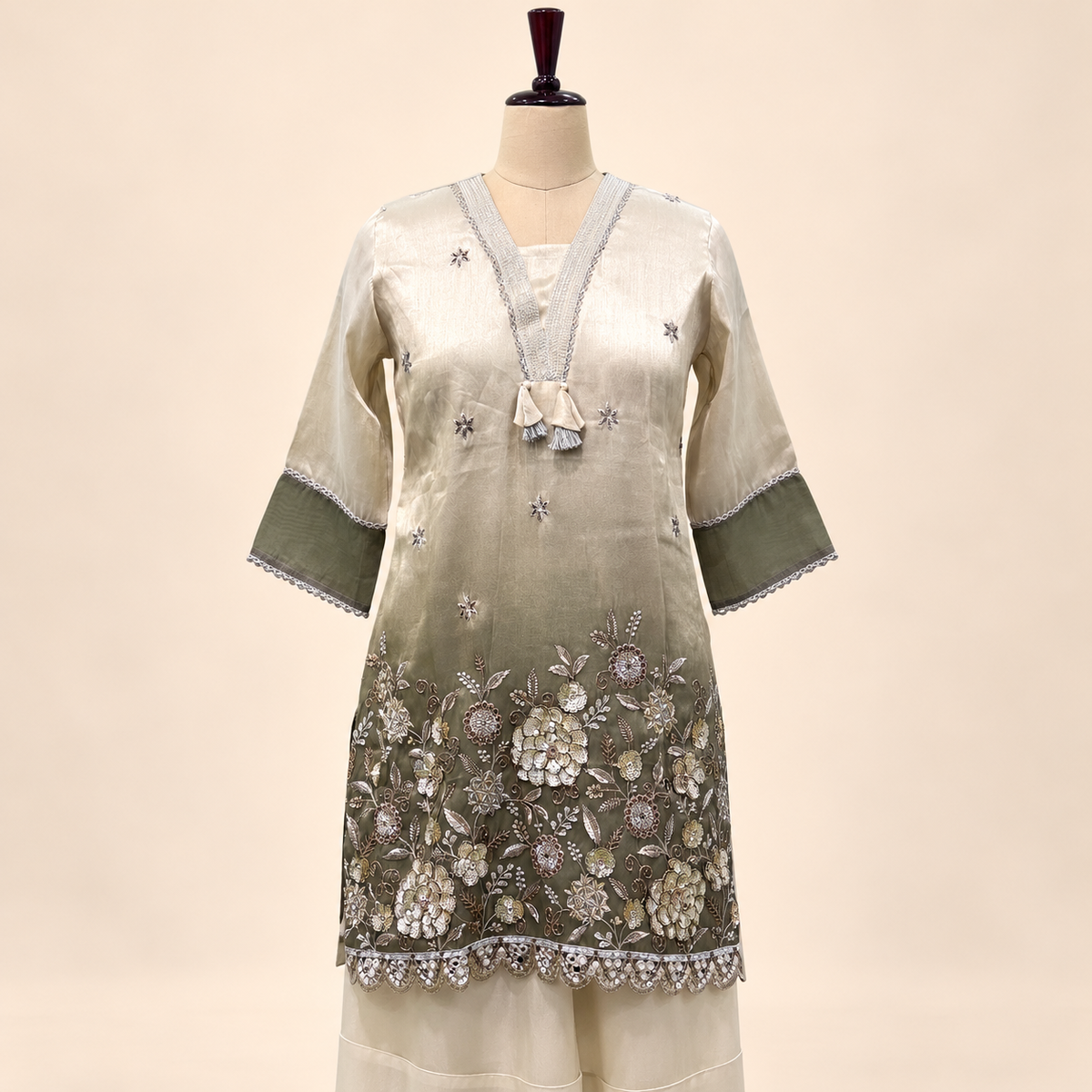 Green Silk Floral Embroidered Sharara Set with Dupatta